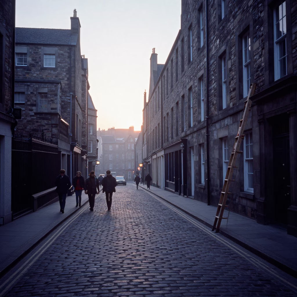 Busy Edinburgh Street Scene Before Sunrise with Wooden Ladder and Cooking Pot in in Edinburgh, United Kingdom