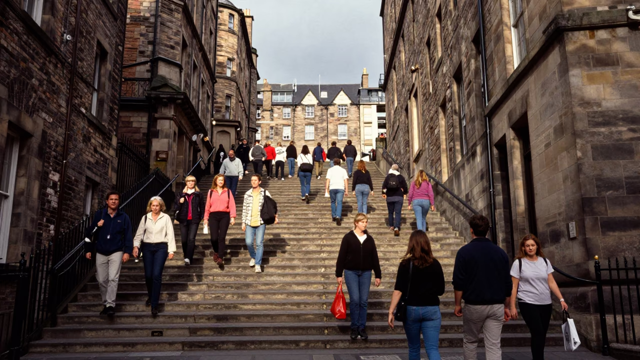 Busy Edinburgh Street Scene Early Afternoon with School Staircase and Local Details in in Edinburgh, United Kingdom