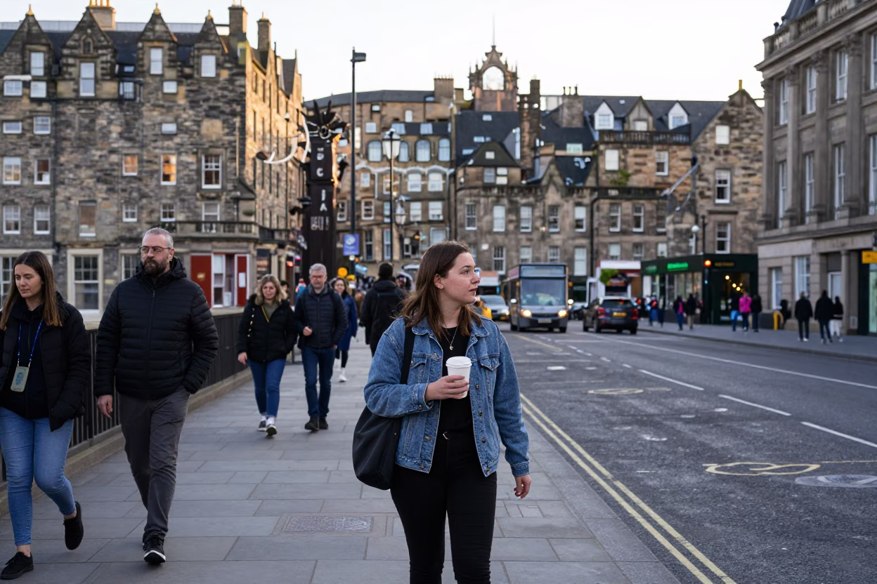 Busy Edinburgh Street Scene Early Afternoon with Tourists and Local Shops in in Edinburgh, United Kingdom