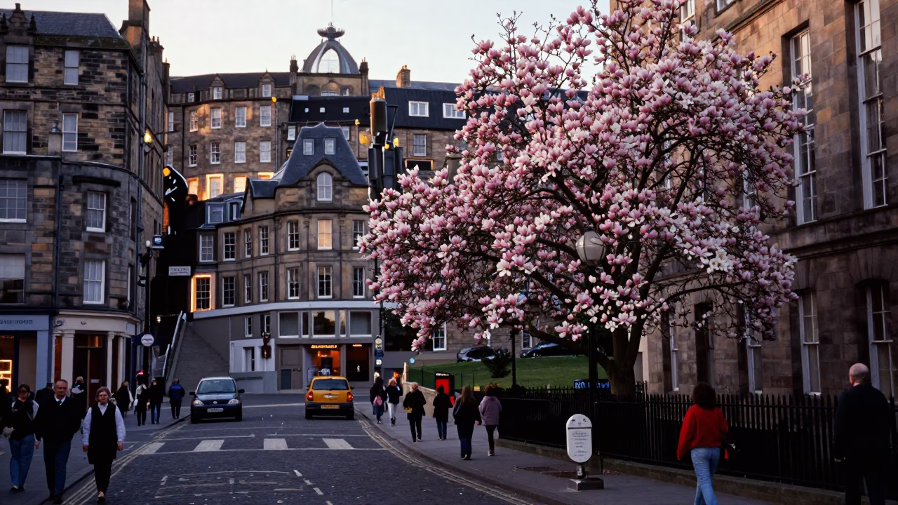 Busy Edinburgh Street Scene Early Evening with Magnolia Tree and Pedestrians in in Edinburgh, United Kingdom