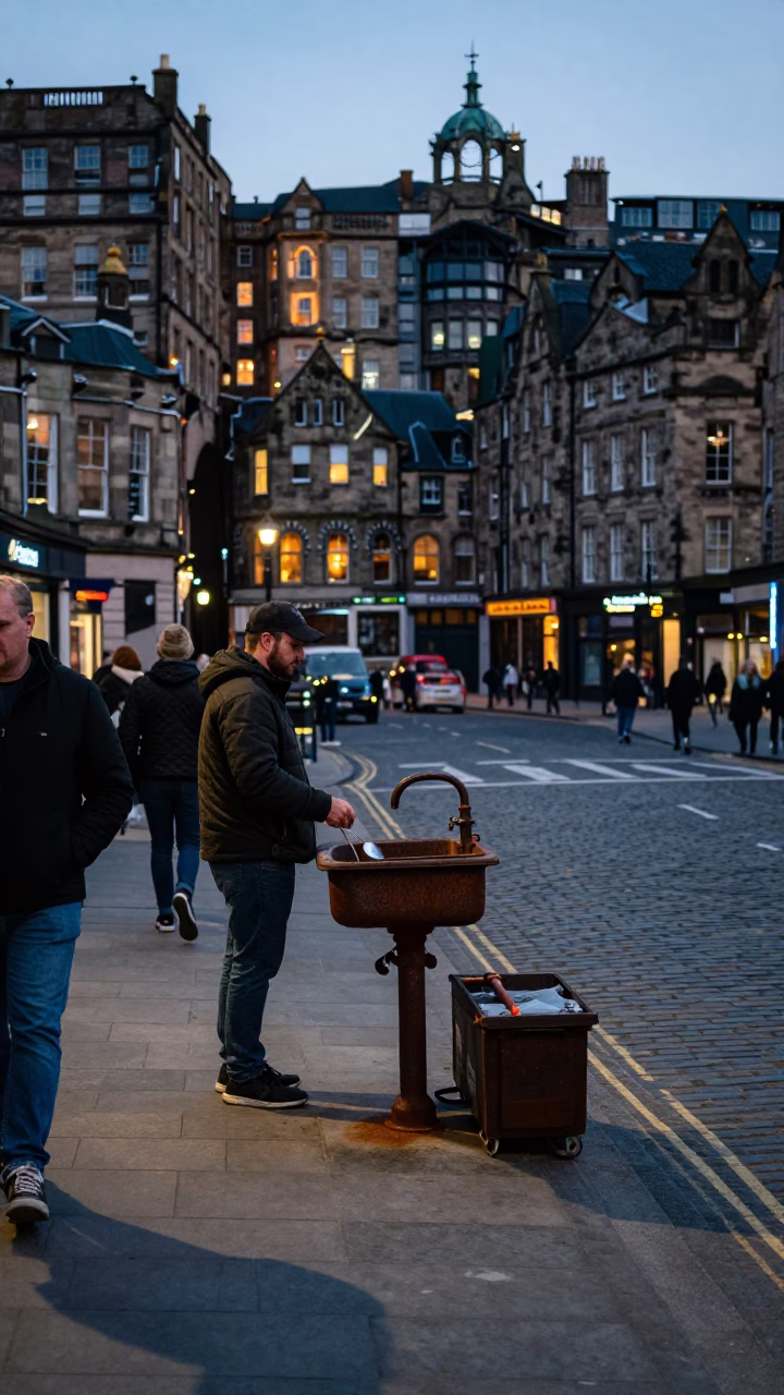 Busy Edinburgh Street Scene Early Evening with Rusty Sink Strainer and Wooden Sailboat in in Edinburgh, United Kingdom