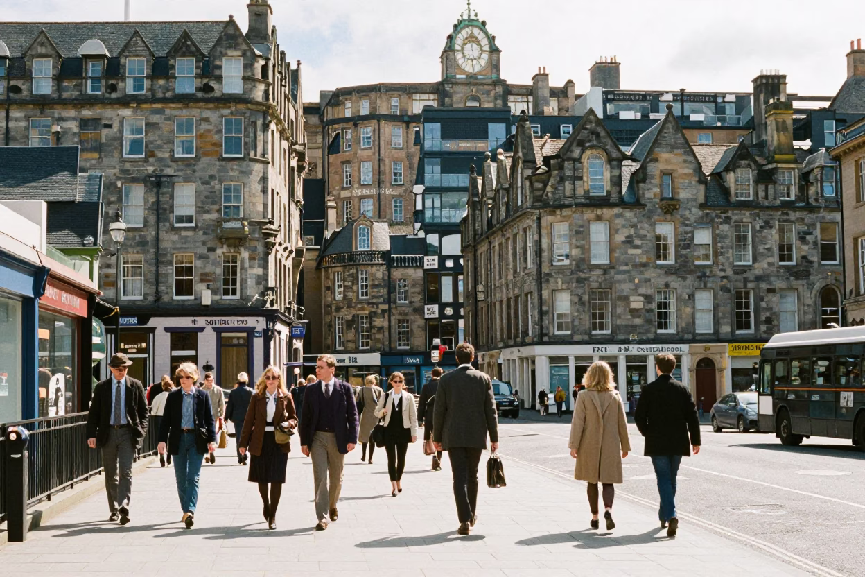 Busy Edinburgh Street Scene in Bright Midmorning Light with Local Life in in Edinburgh, United Kingdom