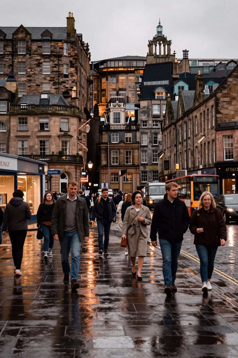 Busy Edinburgh Street Scene in Copper Toned Light Before Dusk with Vintage Atmosphere in in Edinburgh, United Kingdom