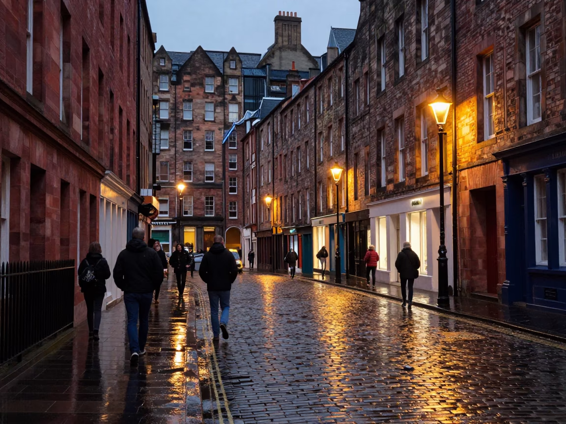 Busy Edinburgh Street Scene in Early Evening with Brick Buildings and Wet Pavement in in Edinburgh, United Kingdom