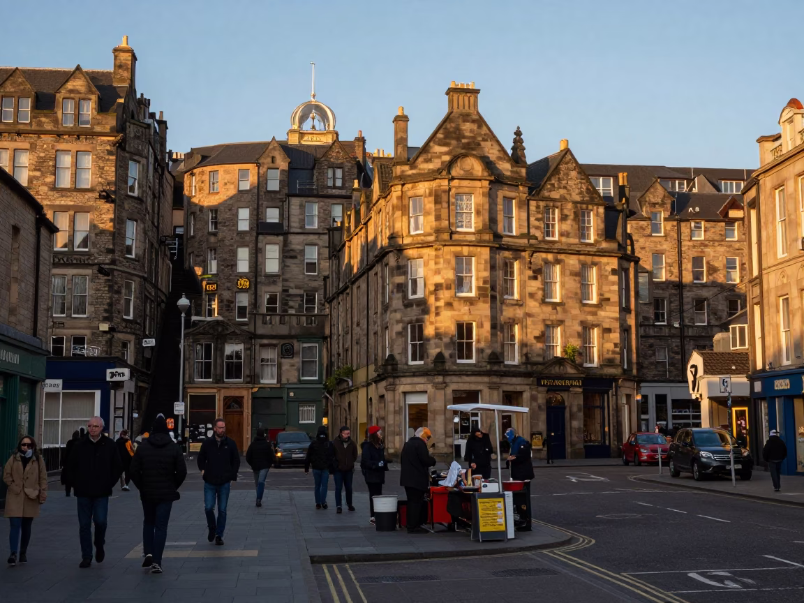 Busy Edinburgh Street Scene in Honeyed Evening Light with Local Commerce in in Edinburgh, United Kingdom