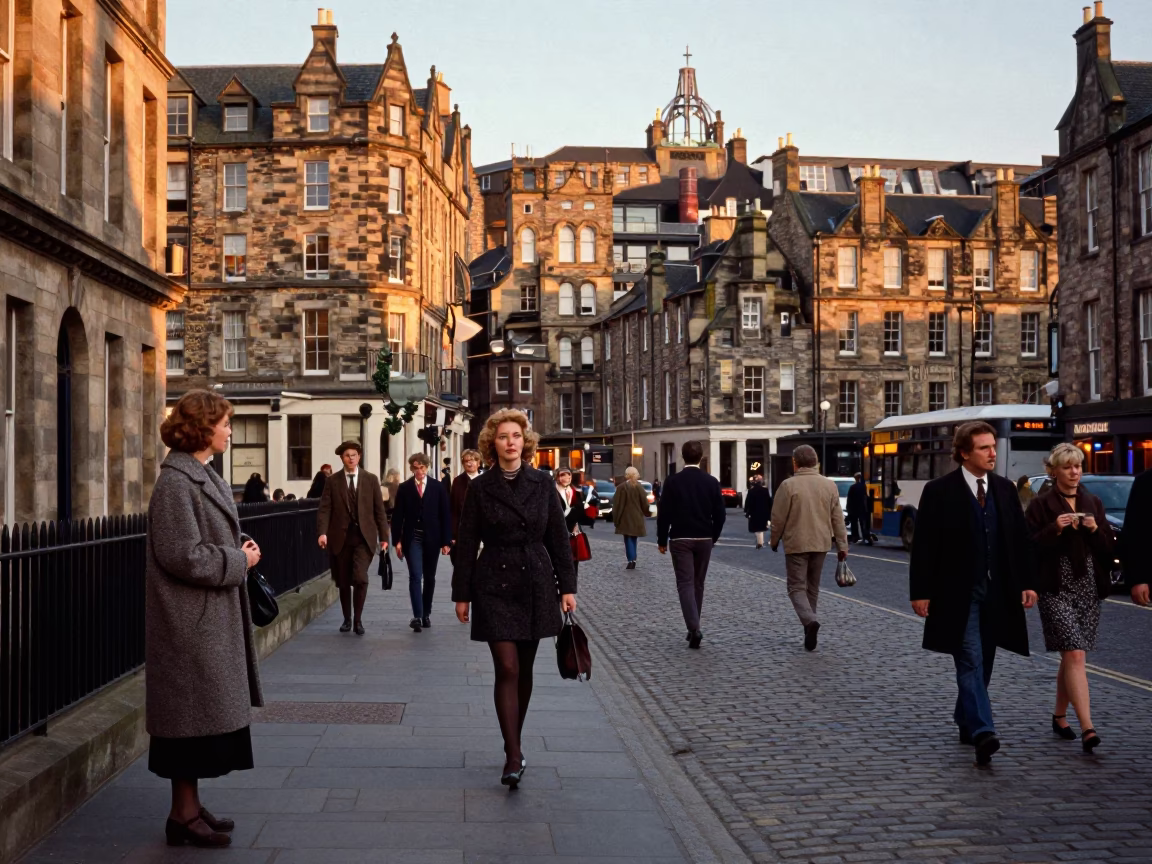 Busy Edinburgh Street Scene in Honeyed Evening Light with Vintage 1980s Details in in Edinburgh, United Kingdom