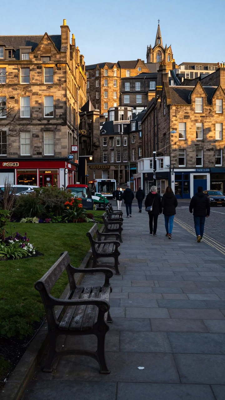 Busy Edinburgh Street Scene Just After Sunrise with Garden Benches and Local Pedestrians in in Edinburgh, United Kingdom