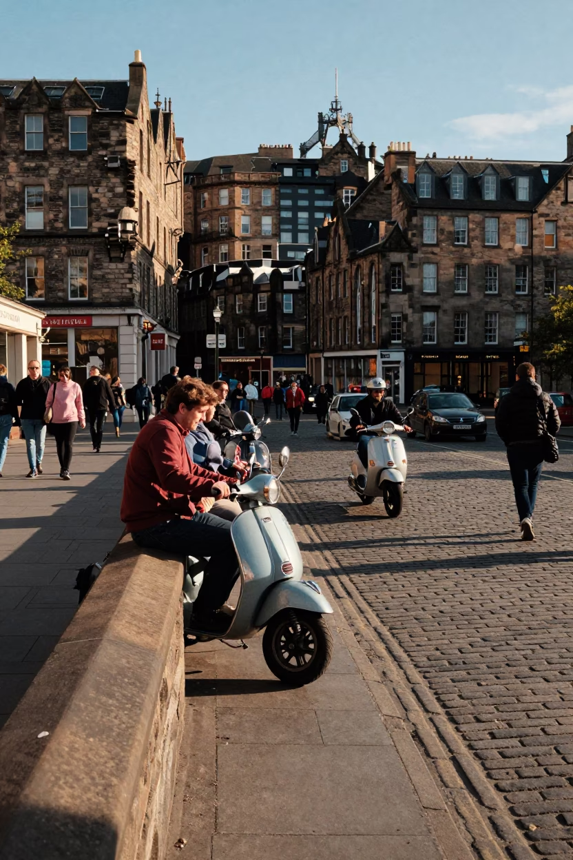 Busy Edinburgh Street Scene Late Afternoon Light with Scooter and Historic Architecture in in Edinburgh, United Kingdom