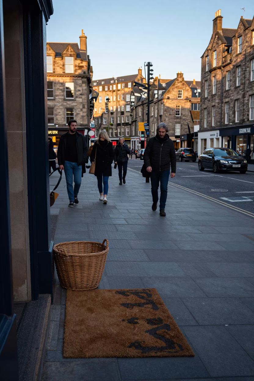 Busy Edinburgh Street Scene Late Afternoon with Doormat and Basket in in Edinburgh, United Kingdom