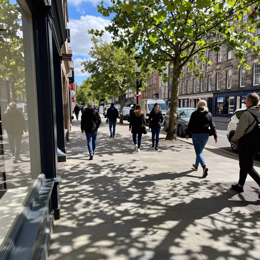 Busy Edinburgh Street Scene Midday with Leaf Shadows and Local Life in in Edinburgh, United Kingdom