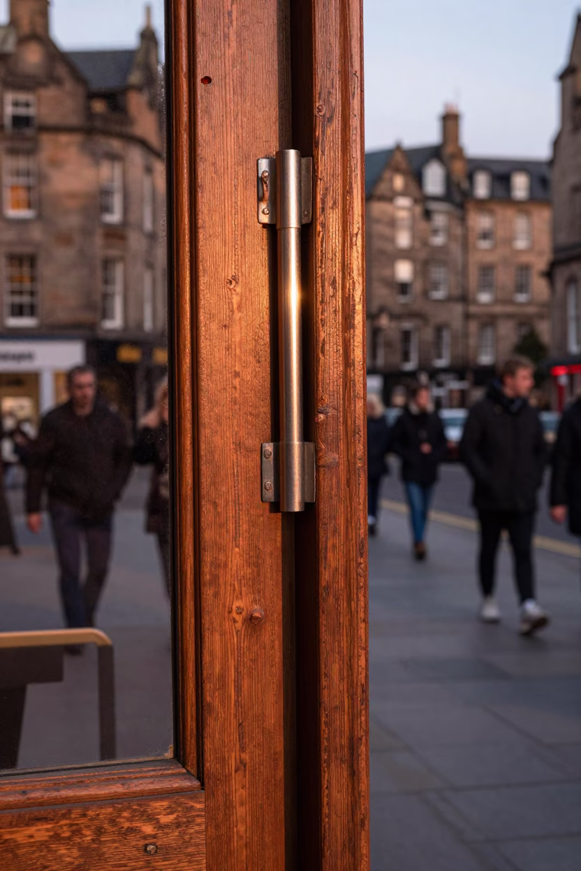 Busy Edinburgh Street Scene with Brushed Steel Hinge and Bracket Fungus in Copper Light in in Edinburgh, United Kingdom