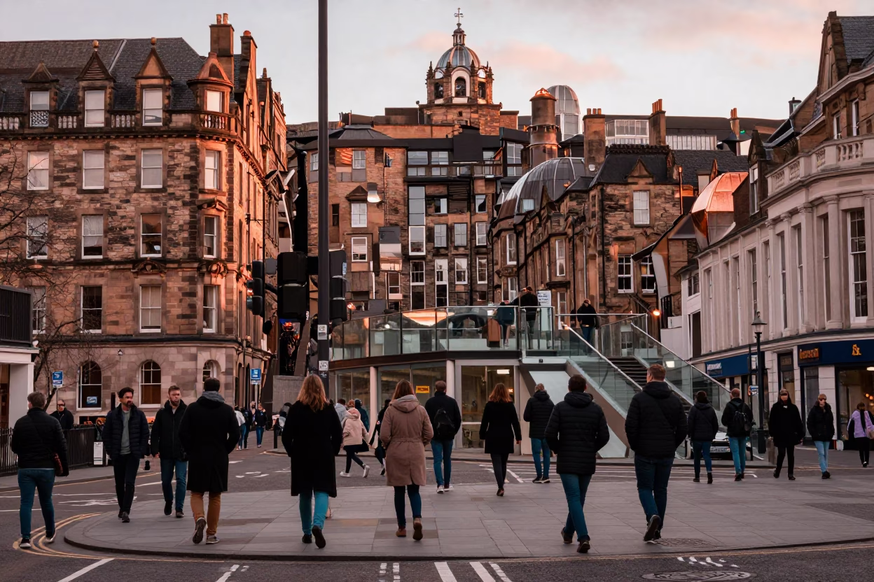 Busy Edinburgh Street Scene with Glass Railings and Observatory in Copper Dusk Light in in Edinburgh, United Kingdom