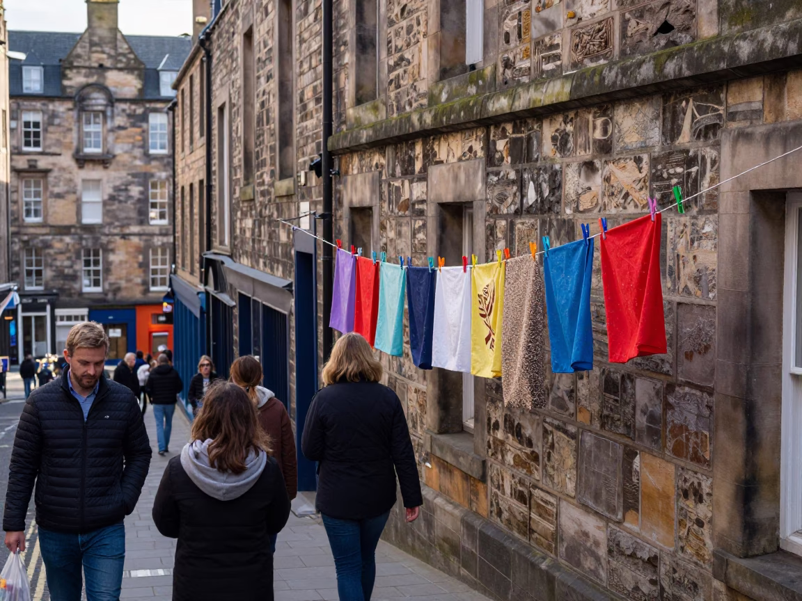 Busy Edinburgh Street Scene with Laundry Pins and Seed Tray in Bright Midmorning Light in in Edinburgh, United Kingdom