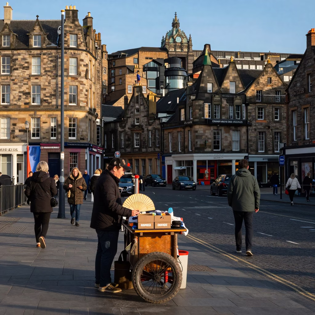 Busy Edinburgh Street Scene with Paper Fan and Caster Wheel in Late Afternoon Light in in Edinburgh, United Kingdom