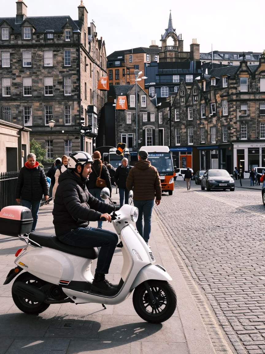 Busy Edinburgh Street Scene with Scooter and Local Interaction in Late Morning Light in in Edinburgh, United Kingdom