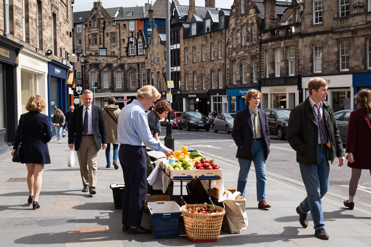 Busy Edinburgh Street Scene with Scrap Basket and Strawberries at Midday in in Edinburgh, United Kingdom