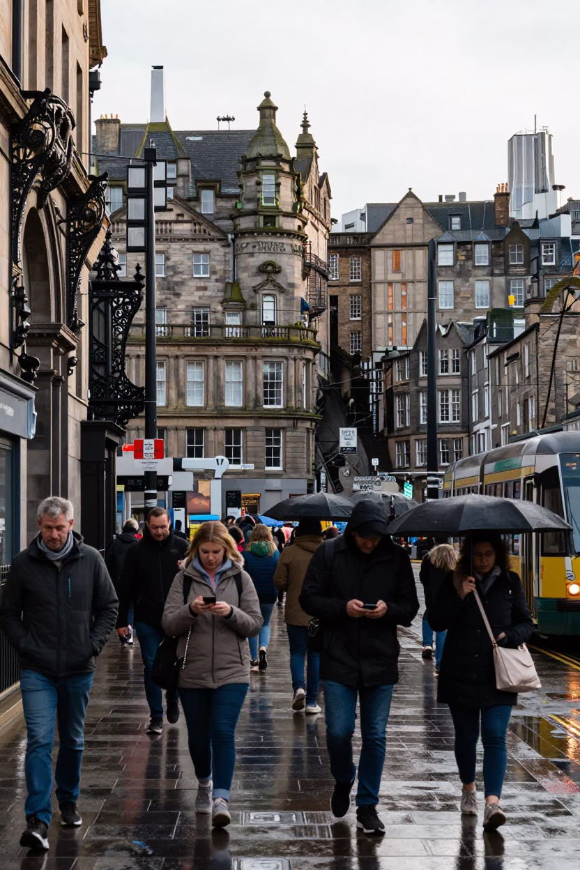 Busy Edinburgh Street Scene with Tram and Art Nouveau Facades in Early Afternoon in in Edinburgh, United Kingdom