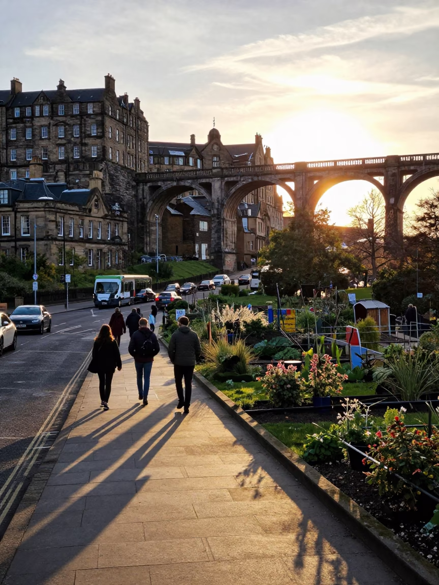 Busy Edinburgh Street Scene with Viaduct Shadows and Allotment Gardens in Honeyed Evening Light in in Edinburgh, United Kingdom