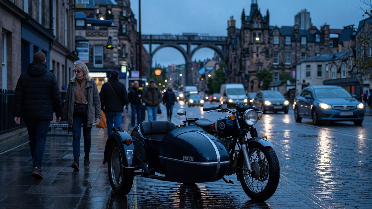 Busy Edinburgh Street Scene with Vintage Motorcycle and Viaduct Shadow in Evening Light in in Edinburgh, United Kingdom