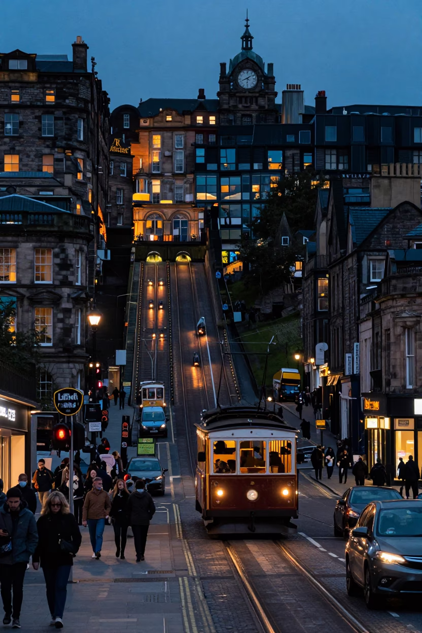 Busy Edinburgh Twilight Street Scene with Funicular Railway and Urban Life in in Edinburgh, United Kingdom
