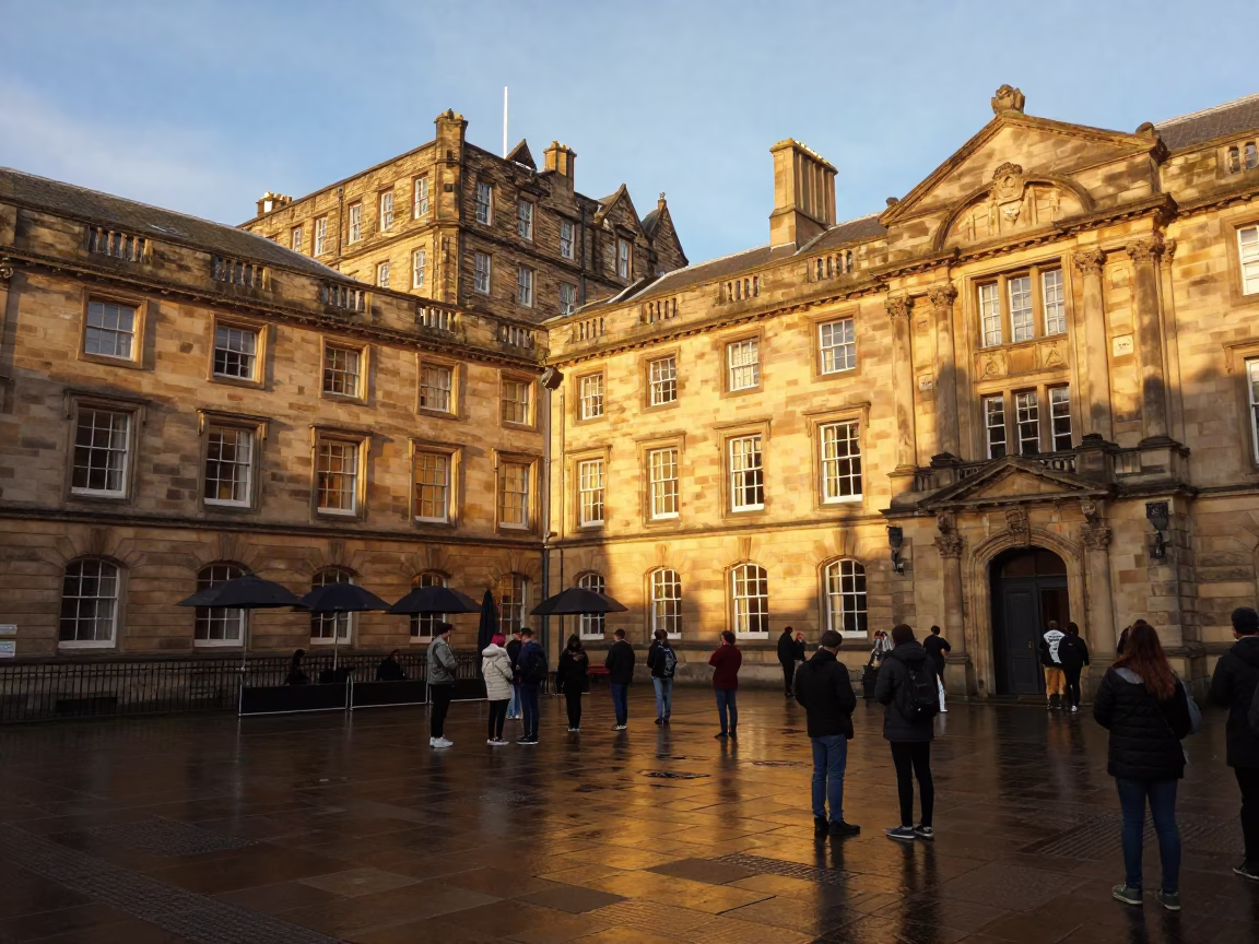 Busy Edinburgh University Courtyard at Golden Hour with Umbrellas and Stone Architecture in in Edinburgh, United Kingdom