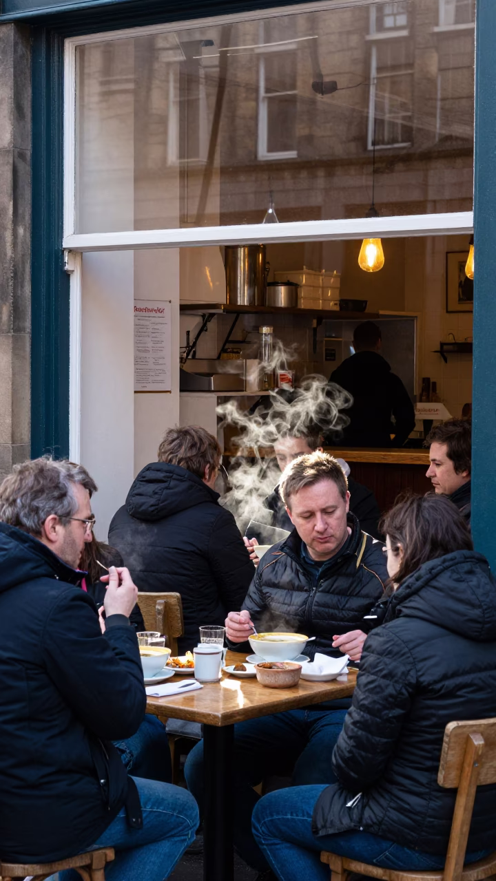 Busy Edinburgh Winter Lunch with Soup Bowls and Kitchen Utensils in in Edinburgh, United Kingdom