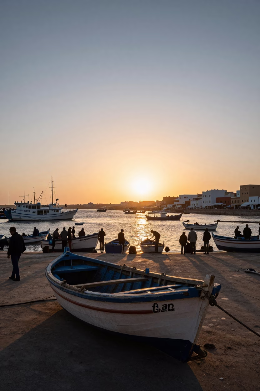 Busy Essaouira Harbor at Sunset with Wooden Fishing Boat and Local Life in in Essaouira, Morocco