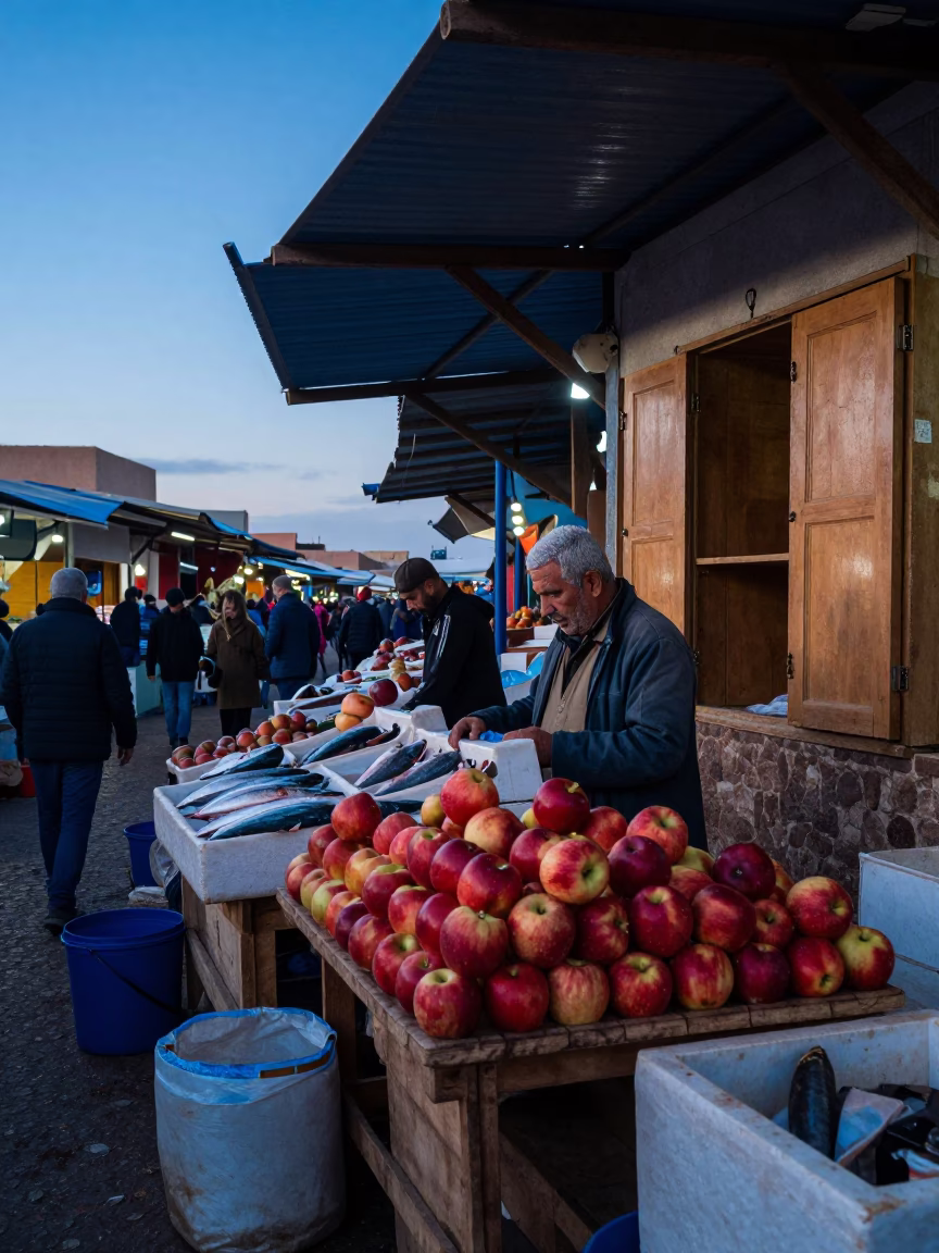 Busy Essaouira Market Stall at Nautical Dawn with Apples and Wooden Cupboard Doors in in Essaouira, Morocco