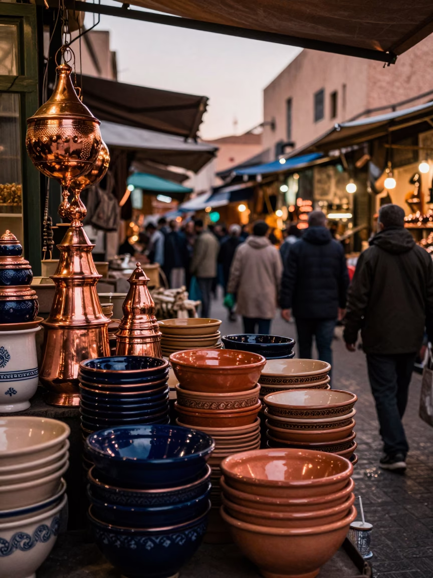 Busy Essaouira Market Stall in Copper Dusk Light with Ceramic Bowls and Local Activity in in Essaouira, Morocco