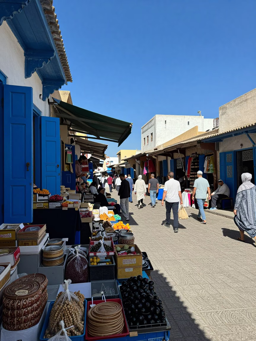 Busy Essaouira Market Stall Under Harsh Noon Sun With Local Vendors And Traditional Goods in in Essaouira, Morocco