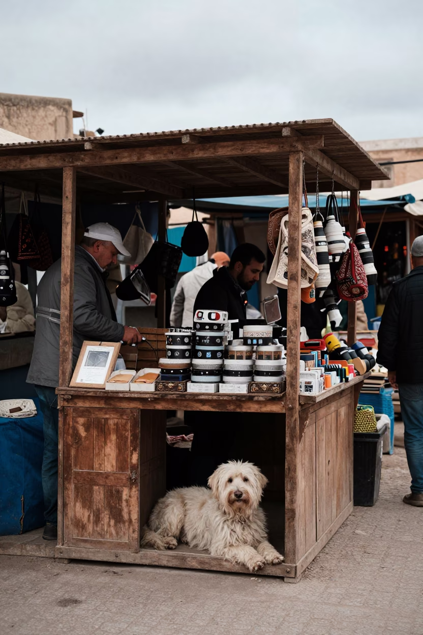 Busy Essaouira Market Stall Under Overcast Midday Light With Local Goods in in Essaouira, Morocco