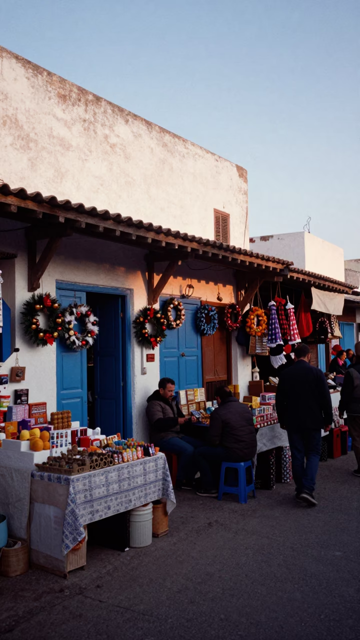 Busy Essaouira Market Stall with Door Wreaths and Local Commerce in Early Evening Light in in Essaouira, Morocco