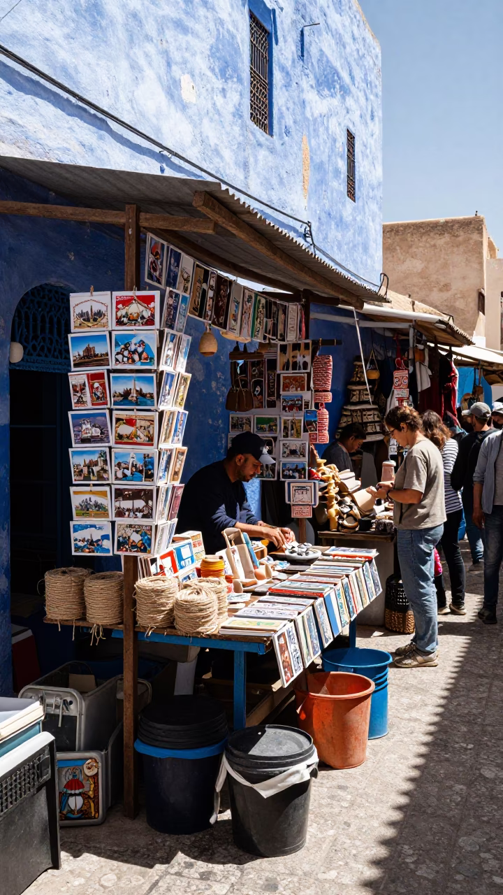 Busy Essaouira Market Stall with Postcards and Twine on Plaster Wall in in Essaouira, Morocco