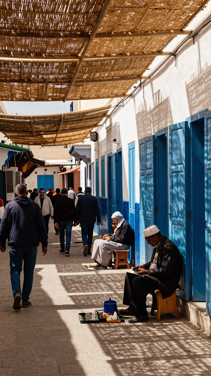 Busy Essaouira Market Street with Wicker Shadows and Traditional Crafts in in Essaouira, Morocco