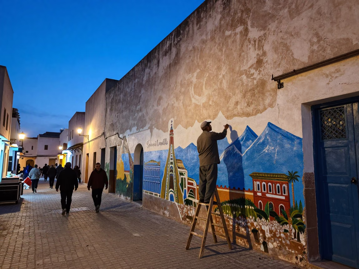 Busy Essaouira Medina Street Scene at Blue Hour with Artist Painting Mural in in Essaouira, Morocco