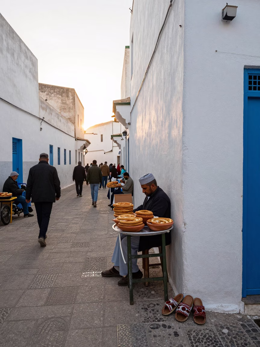 Busy Essaouira Morning Street Scene with Traditional Moroccan Food and Local Life in in Essaouira, Morocco