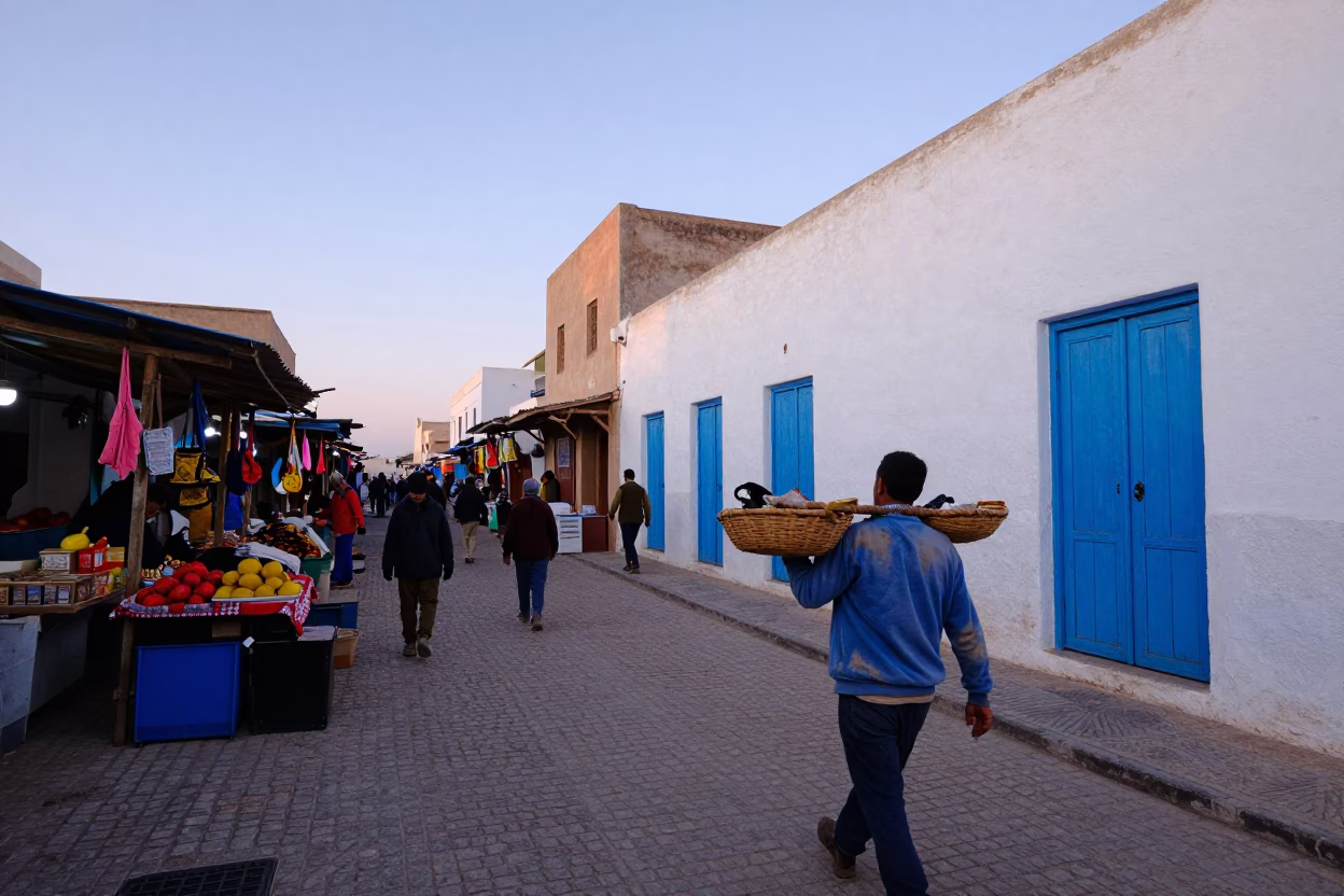 Busy Essaouira Morocco Nautical Dawn Street Scene with Local Market Activity in in Essaouira, Morocco