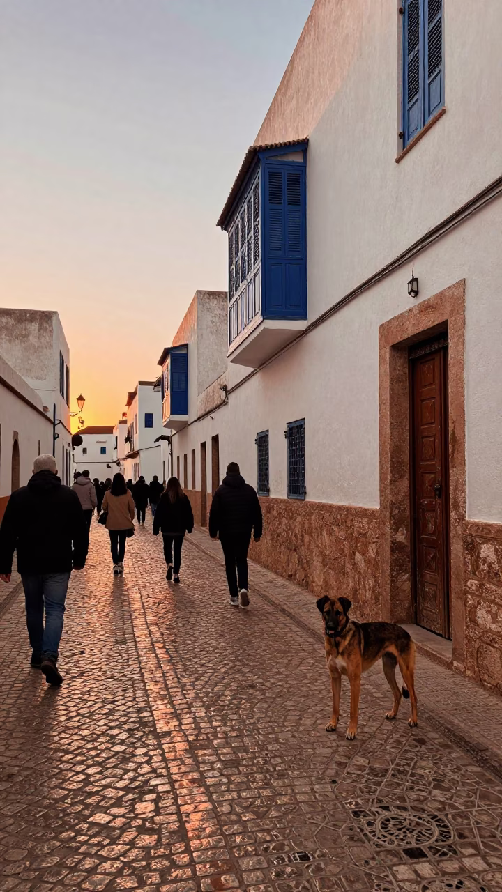 Busy Essaouira Morocco Street Scene Before Dusk with Portuguese Podengo and Bicycle in in Essaouira, Morocco
