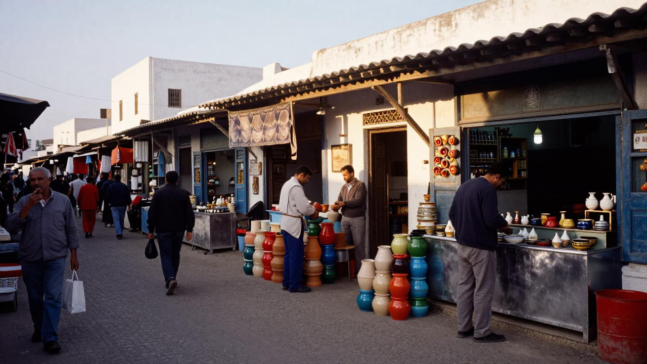 Busy Essaouira Morocco Street Scene Early Afternoon with Local Market Activity in in Essaouira, Morocco