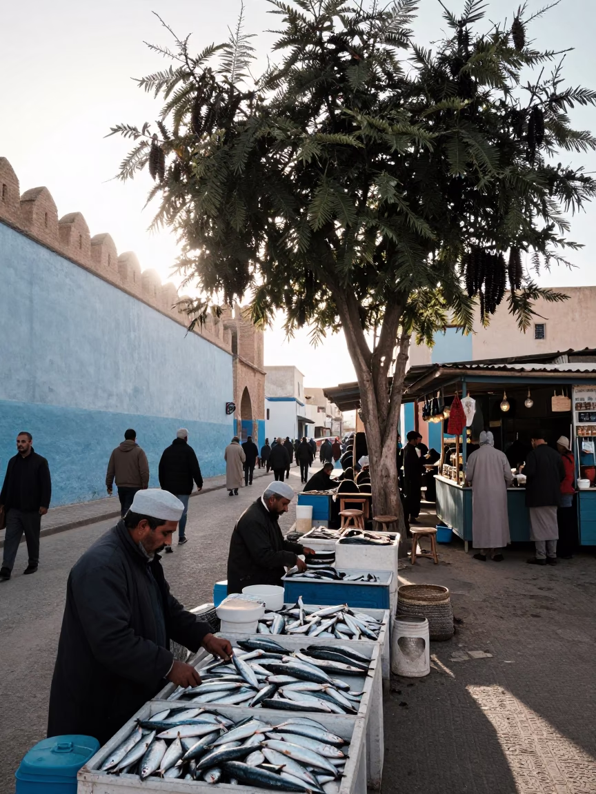 Busy Essaouira Morocco Street Scene Just After Sunrise With Local Market Activity in in Essaouira, Morocco
