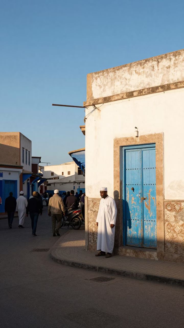 Busy Essaouira Morocco street scene late afternoon light traditional life in in Essaouira, Morocco