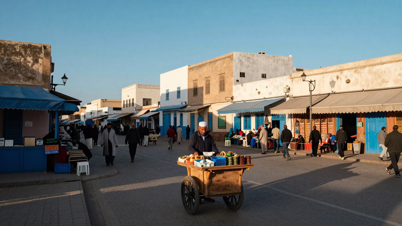 Busy Essaouira Morocco Street Scene Late Afternoon Light with Local Market Activity in in Essaouira, Morocco