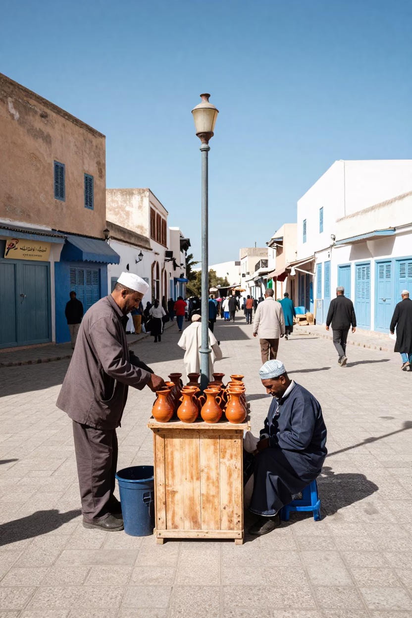 Busy Essaouira Morocco Street Scene with Carafe Stopper in Bright Midmorning Light in in Essaouira, Morocco