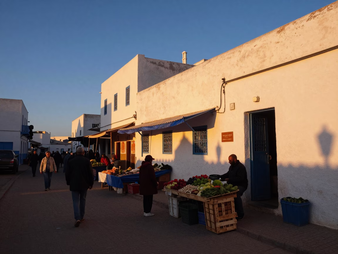 Busy Essaouira Morocco Sunset Street Scene with Local Market Activity in in Essaouira, Morocco