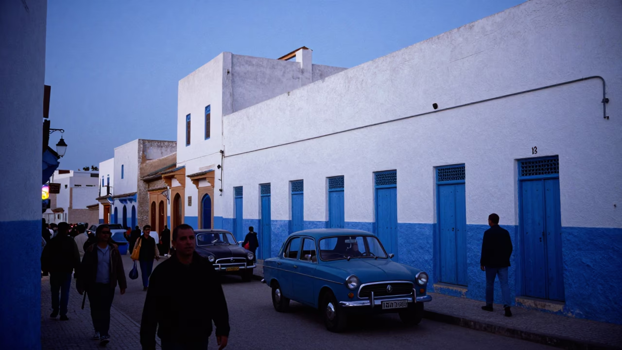 Busy Essaouira Morocco Twilight Street Scene with Vintage Car and Local Market Activity in in Essaouira, Morocco