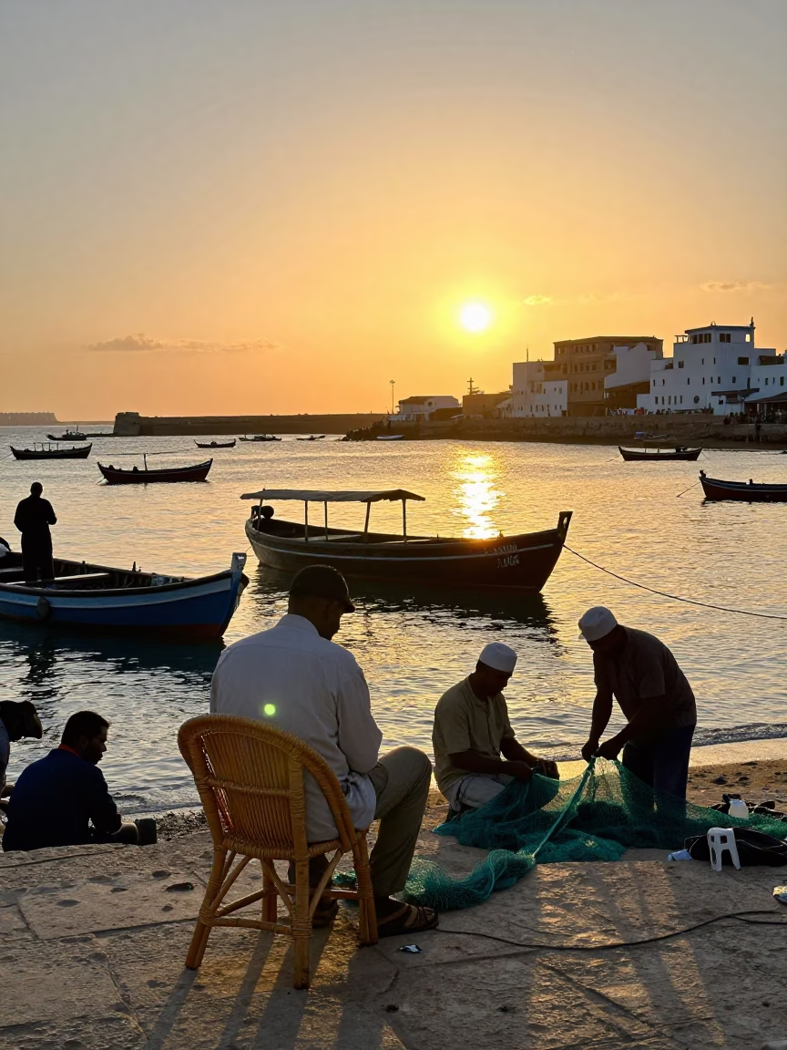 Busy Essaouira Port at Golden Hour with Rattan Chair and Local Life in in Essaouira, Morocco