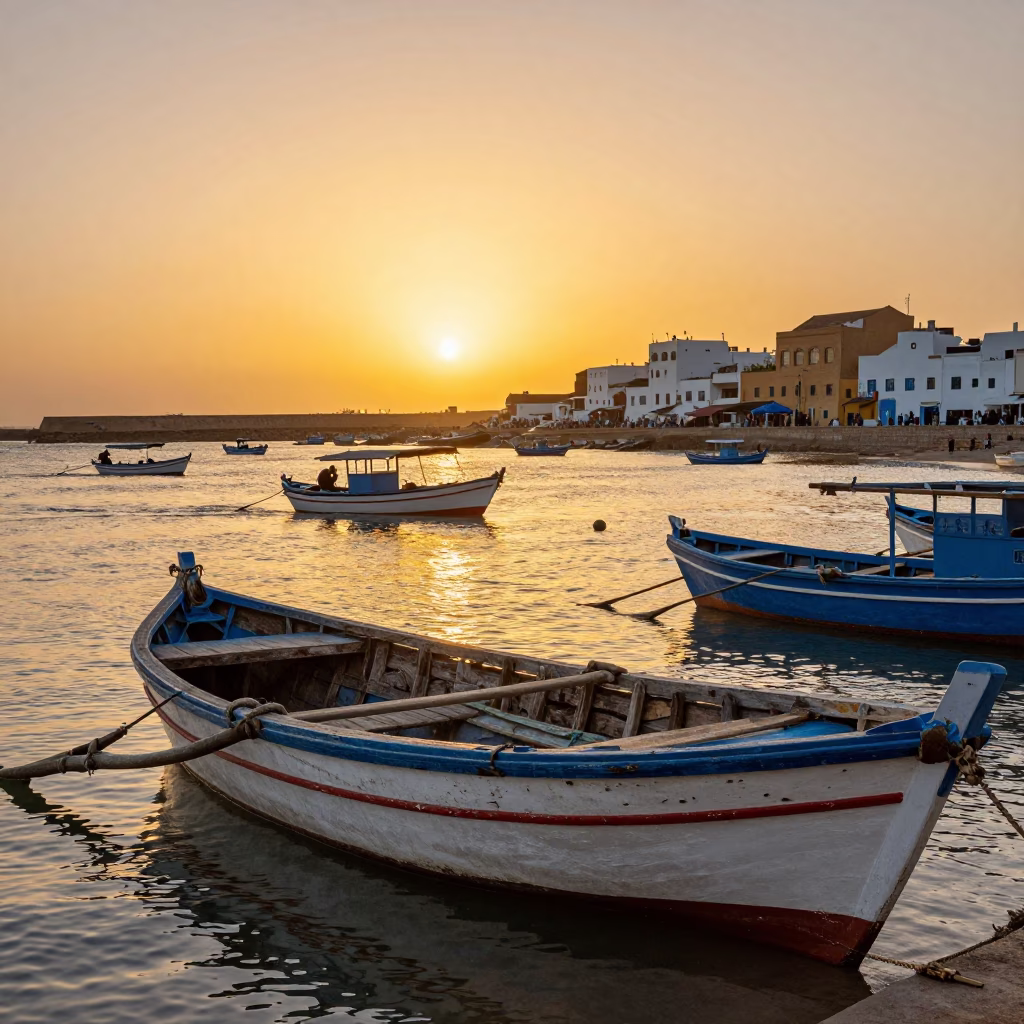 Busy Essaouira Port at Sunset with Boat Builder Planing Hull and Traditional Fishing Dhow in in Essaouira, Morocco