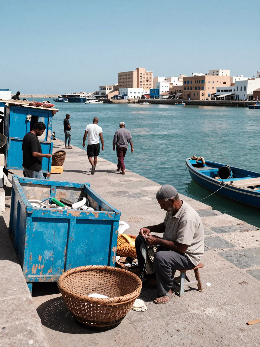 Busy Essaouira Port Noon Scene with Mending Basket and Fresh Oysters on Blue Stalls in in Essaouira, Morocco