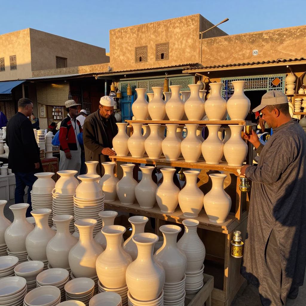 Busy Essaouira Pottery Market Stacked Wares at Golden Hour Morocco in in Essaouira, Morocco