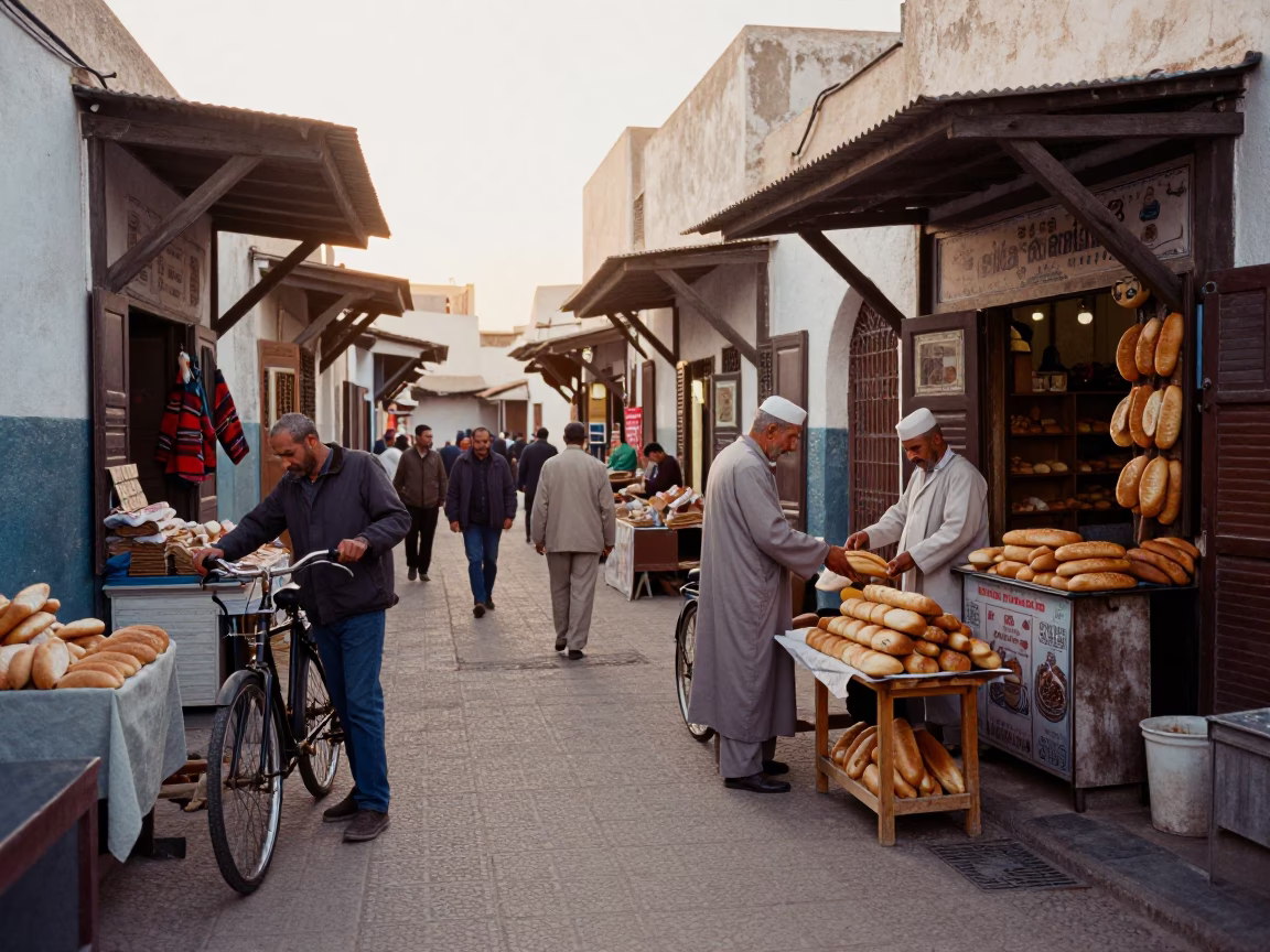 Busy Essaouira Souk Morning with Bicycle and Local Commerce at Dawn in in Essaouira, Morocco